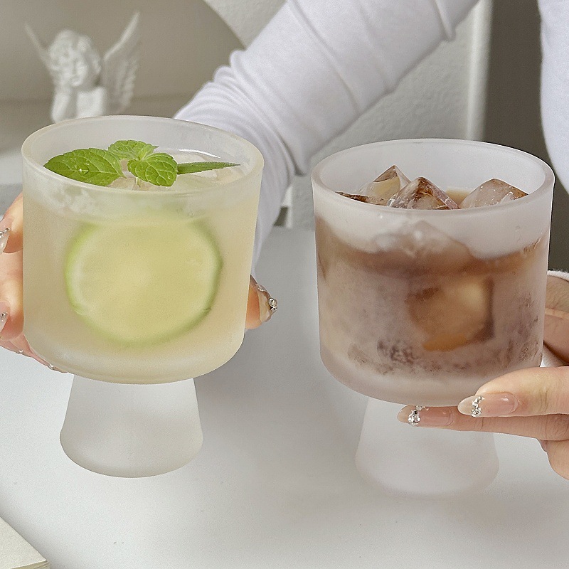 ins風磨砂質感玻璃杯高腳杯甜筒杯韓式冰淇淋雪糕杯高級感冷飲杯