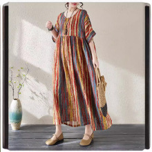 胖夏2025新款宽松过膝长裙大码女装遮肚减龄棉麻拼接印花连衣裙