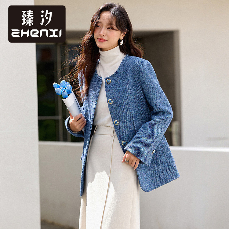 Zhenxi New Fashion Loose Round Neck Woolen Outwear Women's Long-Sleeved Sheep Wool Right Shoulder Woolen Outwear Cr295