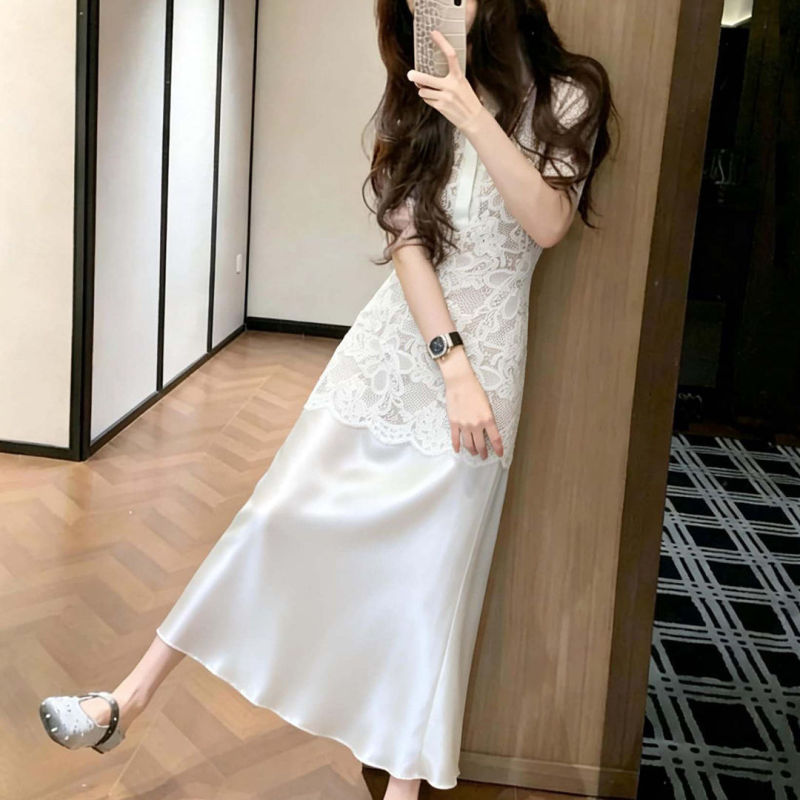 French-Style Elegant White Lace Shirt Dress for Women, 2026 Summer New Model, Very Beautiful, Waist-Cinching, Slimming Long Dress