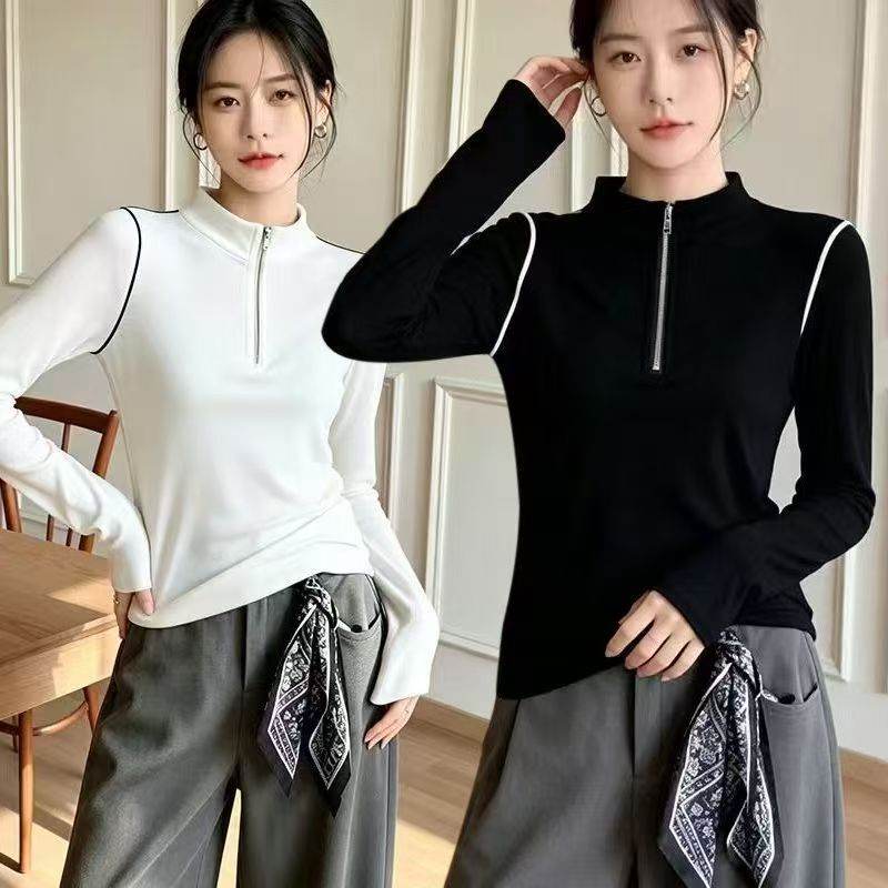 Half-zip stand-up collar patchwork base shirt, new early autumn casual versatile stylish slimming tummy-concealing turn-down collar top for women Half-zip stand-up collar patchwork base shirt, new early autumn casual versatile stylish slimming tummy-concealing turn-down collar top for women