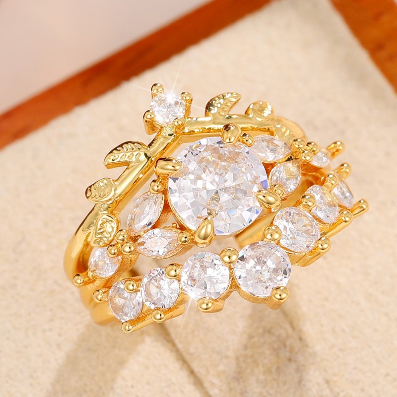2 Pieces Set Quantity Daily, Street Occasion Ig Style Shiny Round Leaves Copper Inlay Zircon Rings