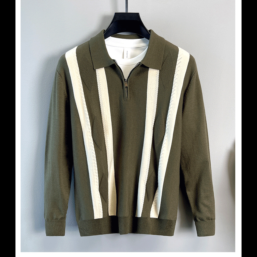 Men’s Half-zip Striped Knitted Polo Shirt Warm Autumn Winter Top_voghion.com