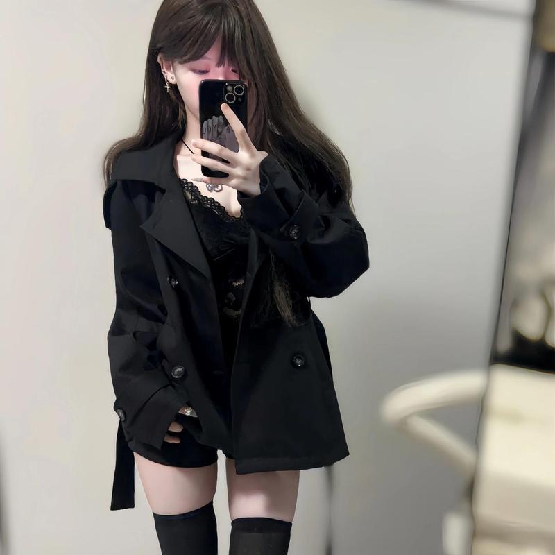 英伦风短款风衣黑色双排扣女小个子秋冬新款感收腰小香风外套|undefined