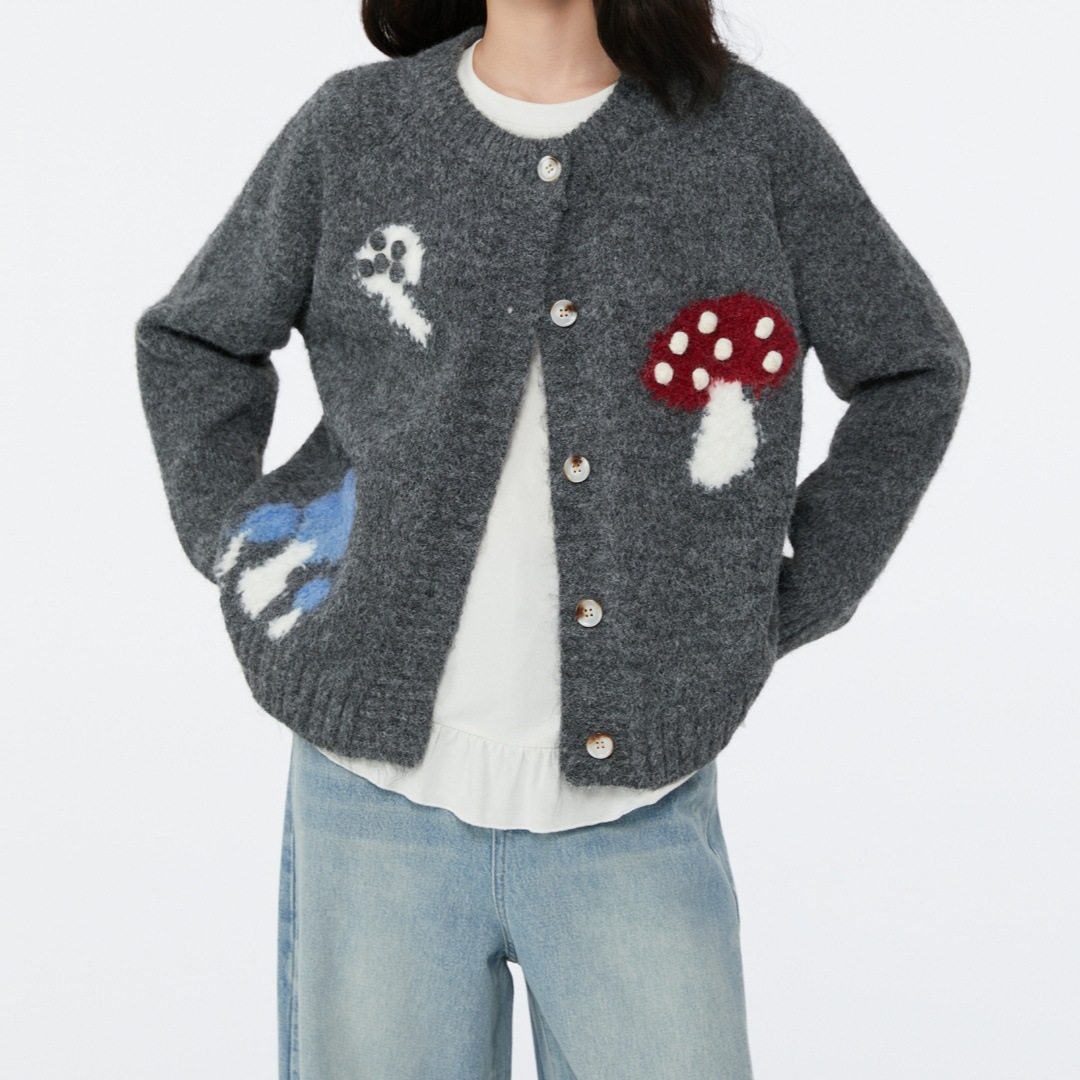 韩版chic可爱减龄蘑菇提花针织开衫女秋冬新款学院风毛衣外套上衣