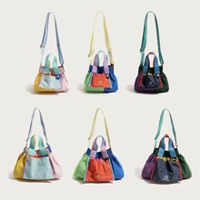 夏季拼色新款少女多巴胺时尚斜挎可折叠购物袋肩手提斜挎饺子包中