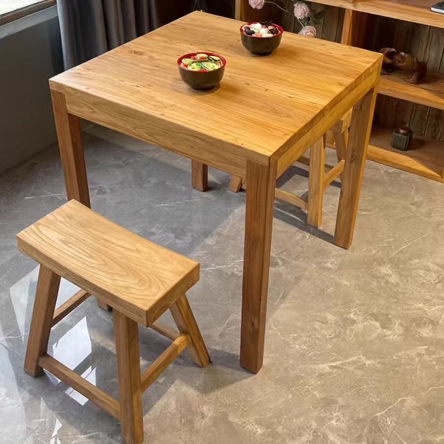 中式老榆木餐桌实木正方形八仙桌家用老门板喝茶桌餐馆餐桌椅组合