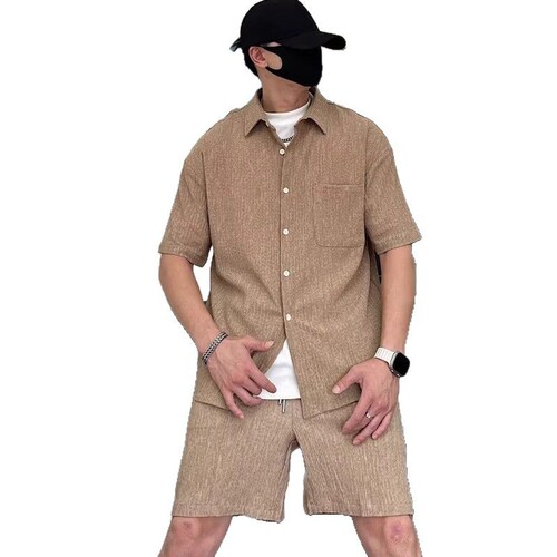 Korean Route Japanese Men's Casual Retro Solid Color Pocket Short Sleeve Shirt Men Spring and Summer Loose Trendy Work Shirt Outerwear