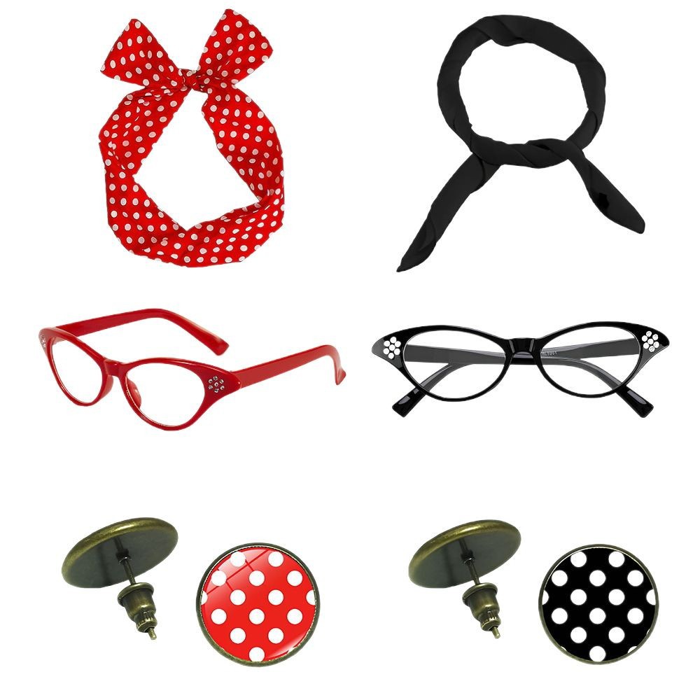 Decoración de baile retro de los años 1950 RPG punto de onda accesorios gafas aretes de pelo set collar