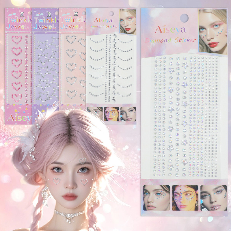 Hollow Heart-Shaped Five-Pointed Star Rhinestone Stickers for Stage Performances, Concert Music Festivals, Makeup, Acrylic Diamond Face Stickers