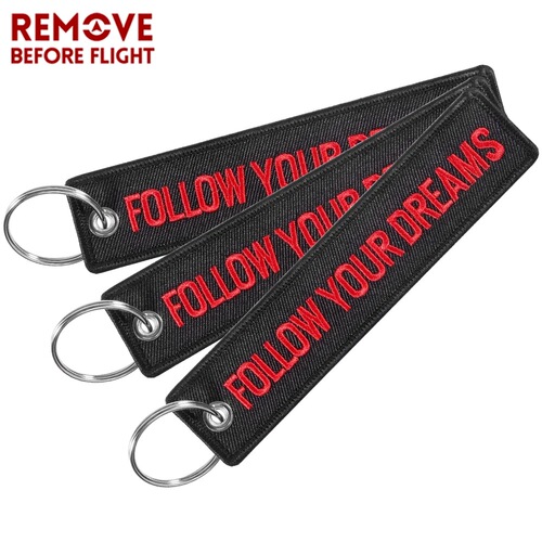New Black Base Red Word FOLLOW YOUR DREAMS Embroidered Car Motorcycle Keychain