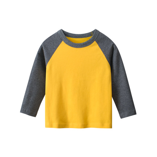 27kids brand children's clothing wholesale 2024 autumn new children's long-sleeved T-shirt round neck solid color spelled sleeve advertising shirt