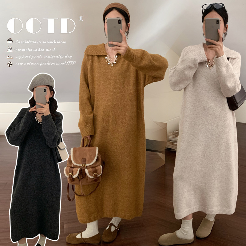 2025 Pregnant Women Autumn and Winter Sweater Lapel Straight-Leg Knitted Pregnancy Age Reduction Temperament Maternity Dress