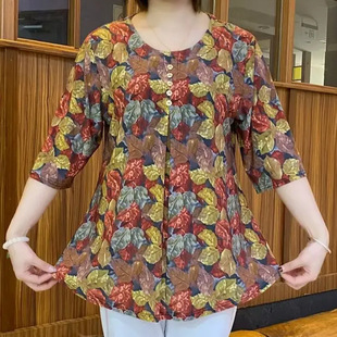 Spring and Summer New Fashionable Mid-Sleeve Shirts for Middle-Aged and Elderly Women, Slim and Loose Floral Style Large Shirts