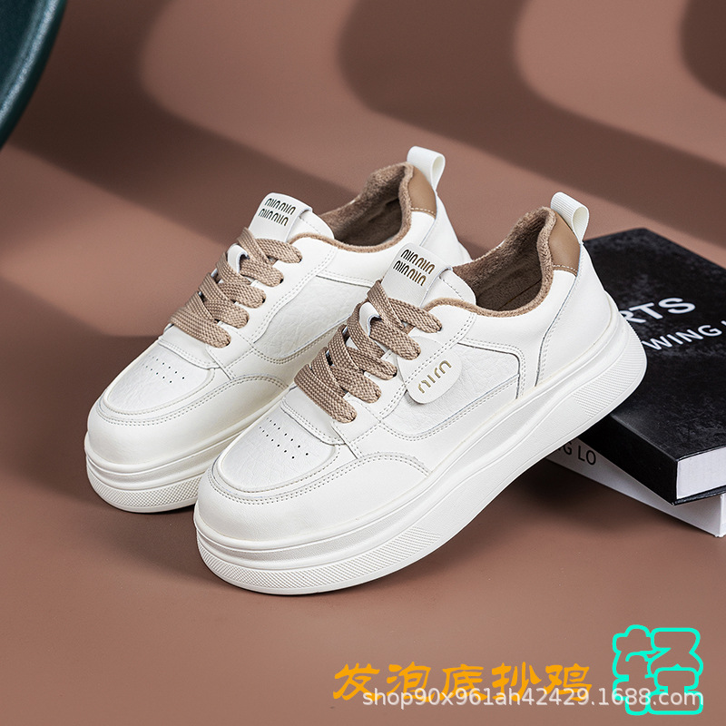 Genuine Leather Thick-Soled Sneakers for Women in Autumn and Winter New Lightweight Rubber Foam Sole Versatile Casual Sports White Shoes for Women Fleece-Lined