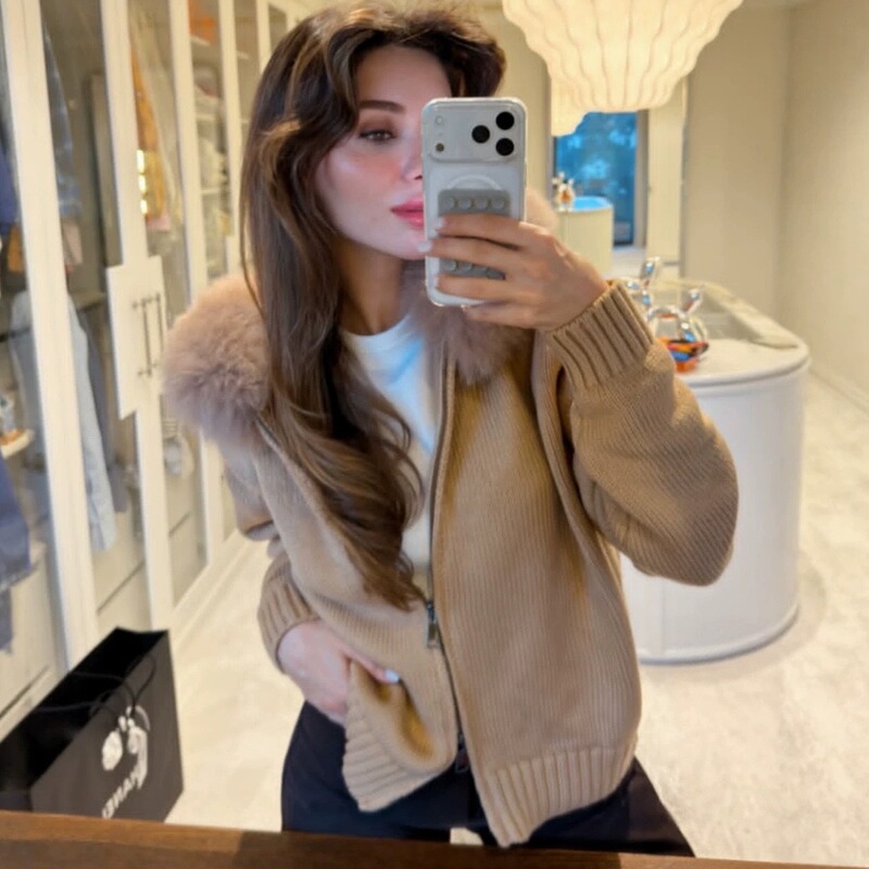 Cross-Border Large Fur Collar Hooded Zip-Up Lazy European and American Style Sweater Cardigan Coat Autumn and Winter High-End Knitwear Top