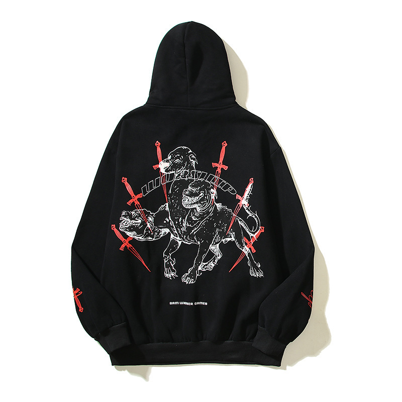 Giacca in puro cotone Trat unisex con tre spade che combattono con il cane, tendenza high street con cappuccio_voghion.com