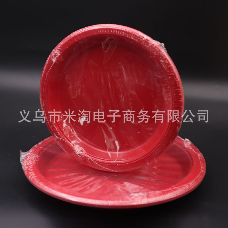 In stock disposable plastic plate 9-inch red large dish fruit plate salad steak Western food plate round