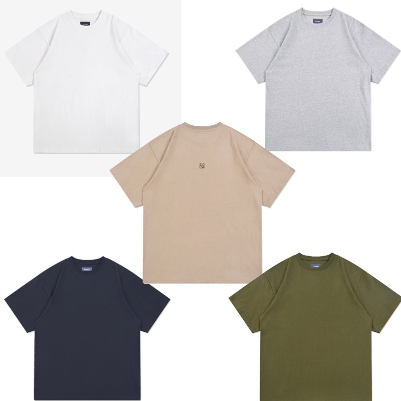 Japanese Style Heavyweight 320g Cotton Men's Round Neck Short-Sleeved T-Shirt Summer Casual Loose Embroidered Pure Color T-Shirt Half-Sleeved