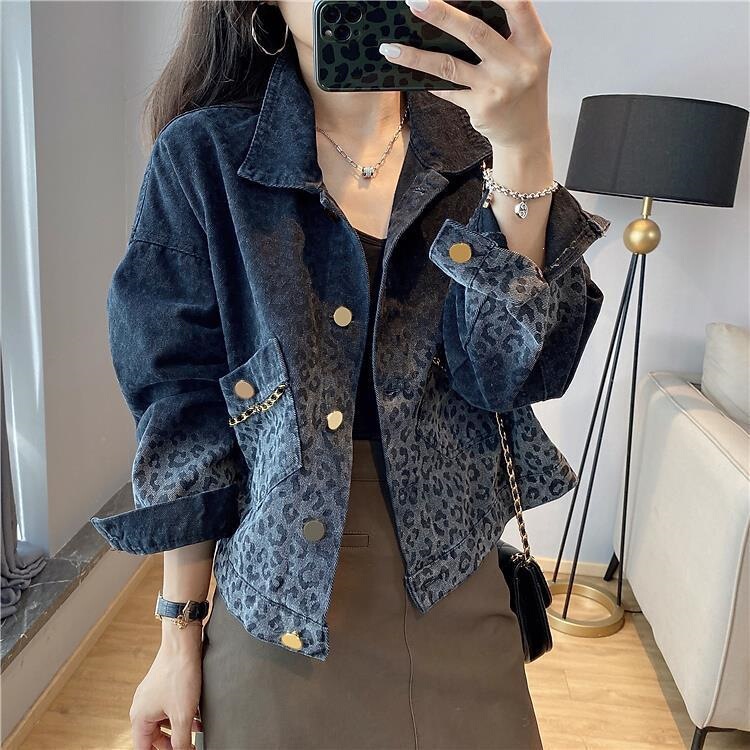 Black Retro Leopard Print Denim Jacket for Women, Spring Fashion Short Jacket Top, 2025 New European Style