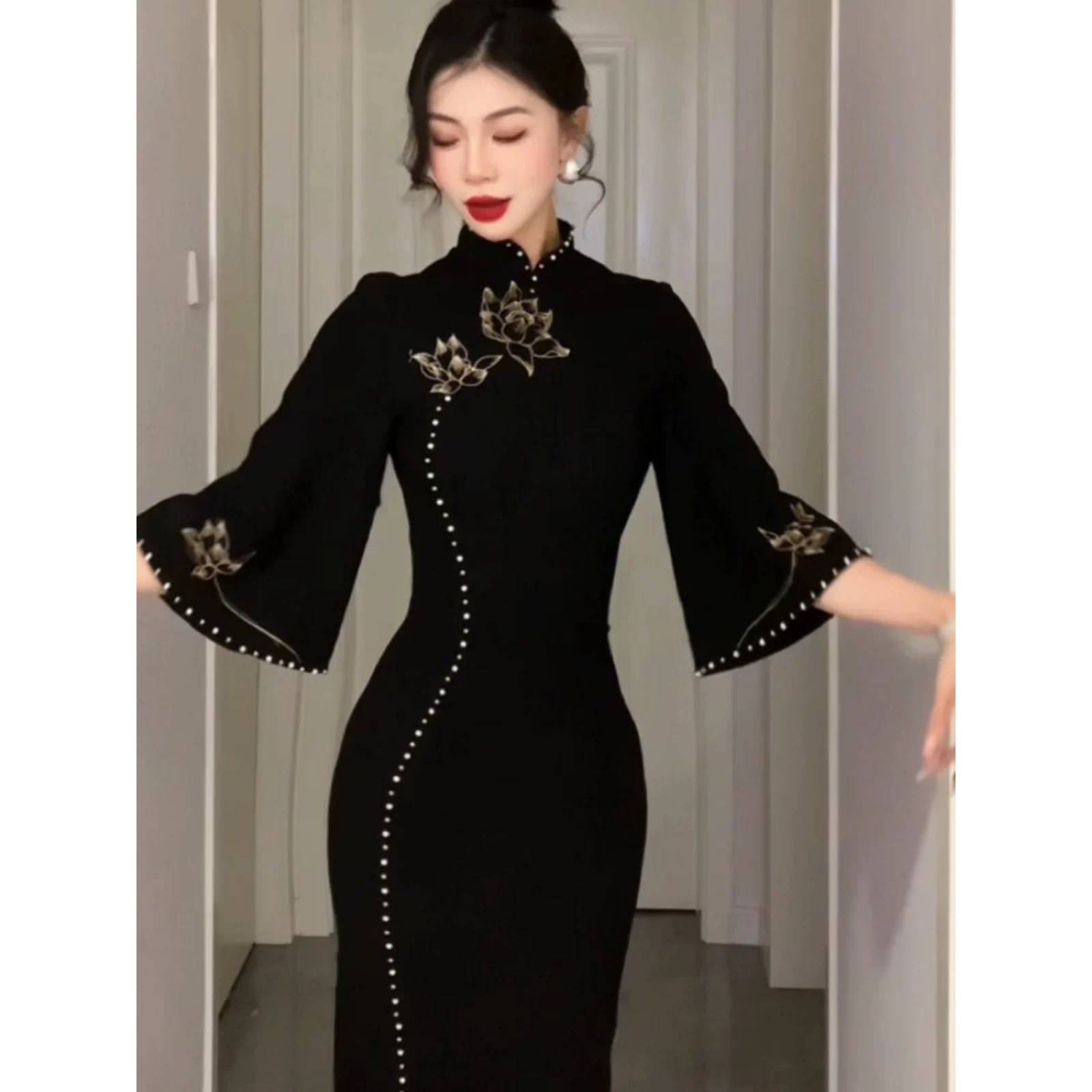 珠莲早秋新款复古新中式旗袍修身中国风黑色简雅连衣裙女其他