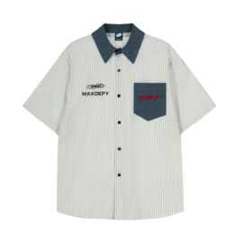 唐沐潮人2026夏季新款美式复古撞色刺绣贴袋设计宽松男女短袖衬衫