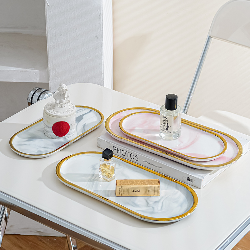 Nordic marbling borde de oro oval placa creativa cerámica occidental Placa de postre ins estilo joyería bandeja de almacenamiento
