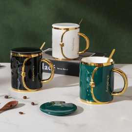 北欧风镀金手提包陶瓷马克杯个性办公室礼品喝水杯带盖勺咖啡杯子