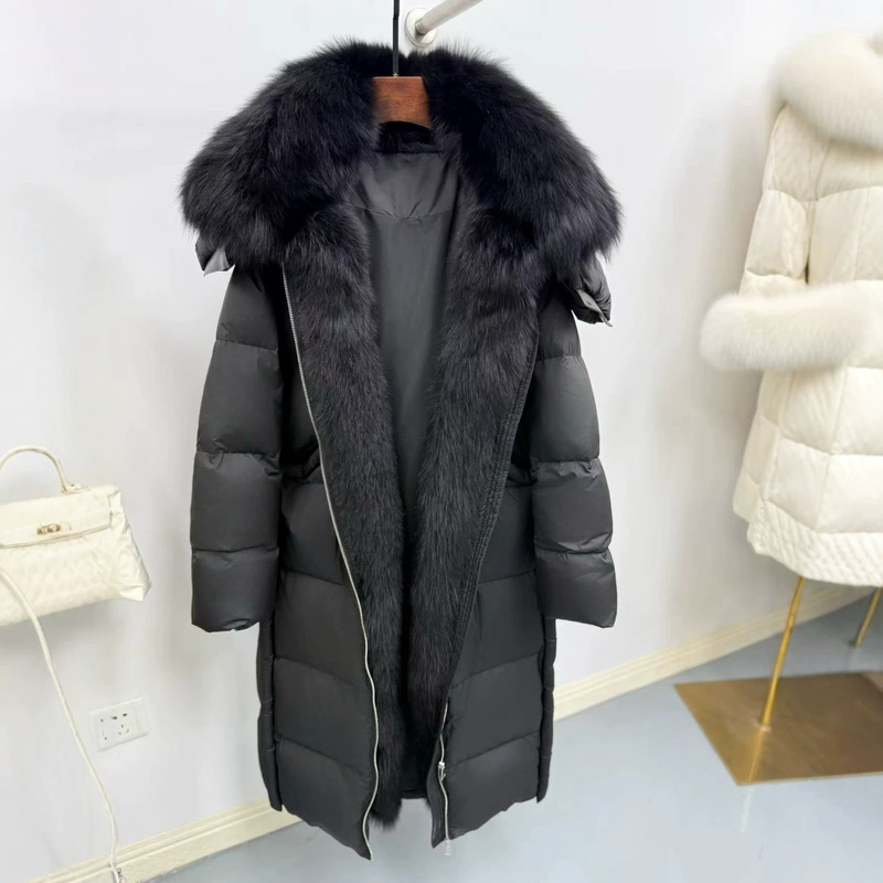 New fur coat with large fox fur collar, thickened white goose down Max down jacket, hooded, warm, over-the-knee, fashionable women's coat