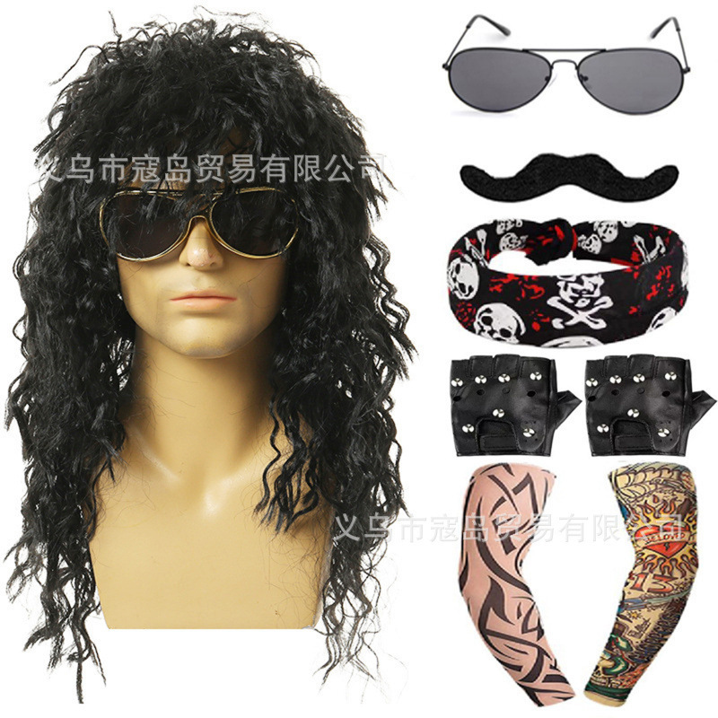 Punk Wig 70S Retro 80S Party Wig Halloween Costume Set Rock Men's Long Curly Hair
