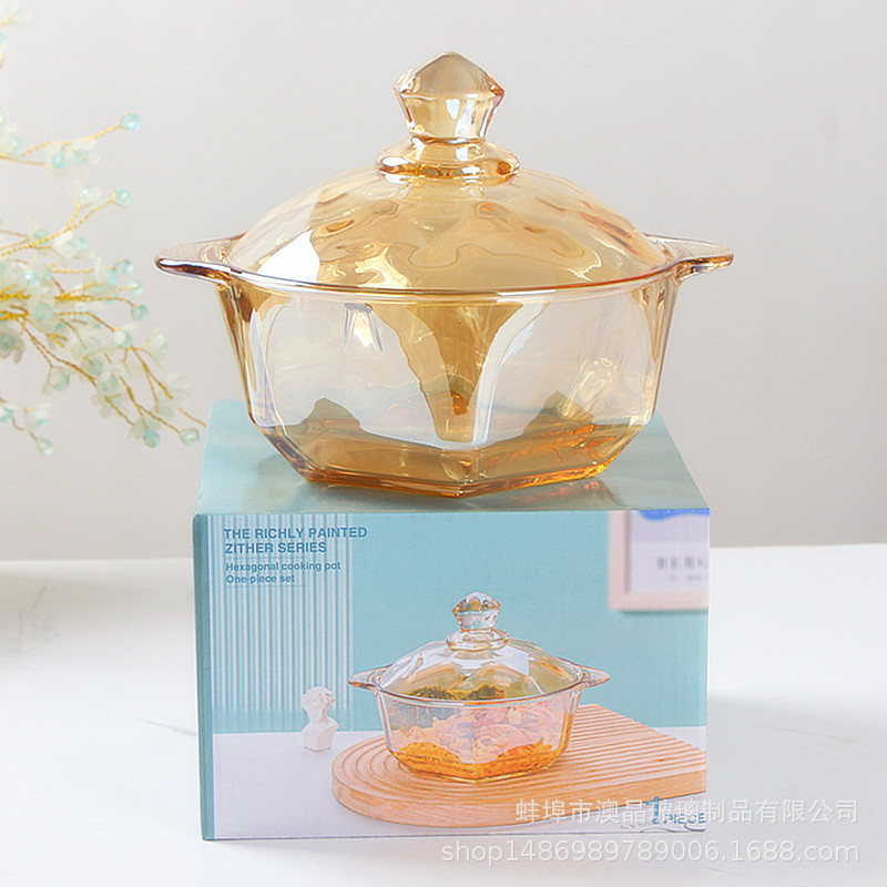English Packaging Box Amber Glass Crystal Cooker Household Eamber Bowl with Lid Salah Bowl Double Ear Bowl Festival Gift