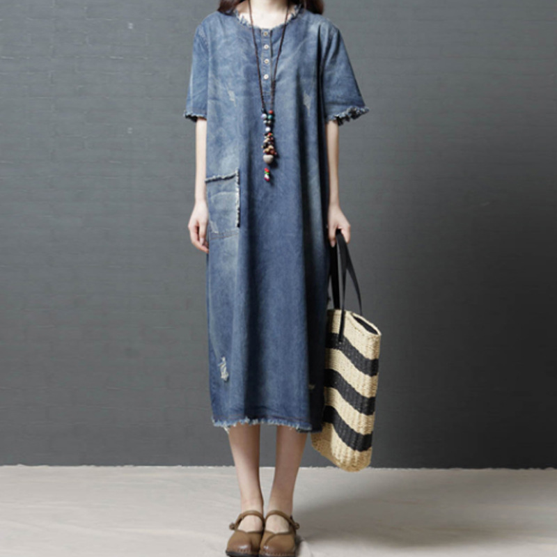 Summer retro design long denim dress