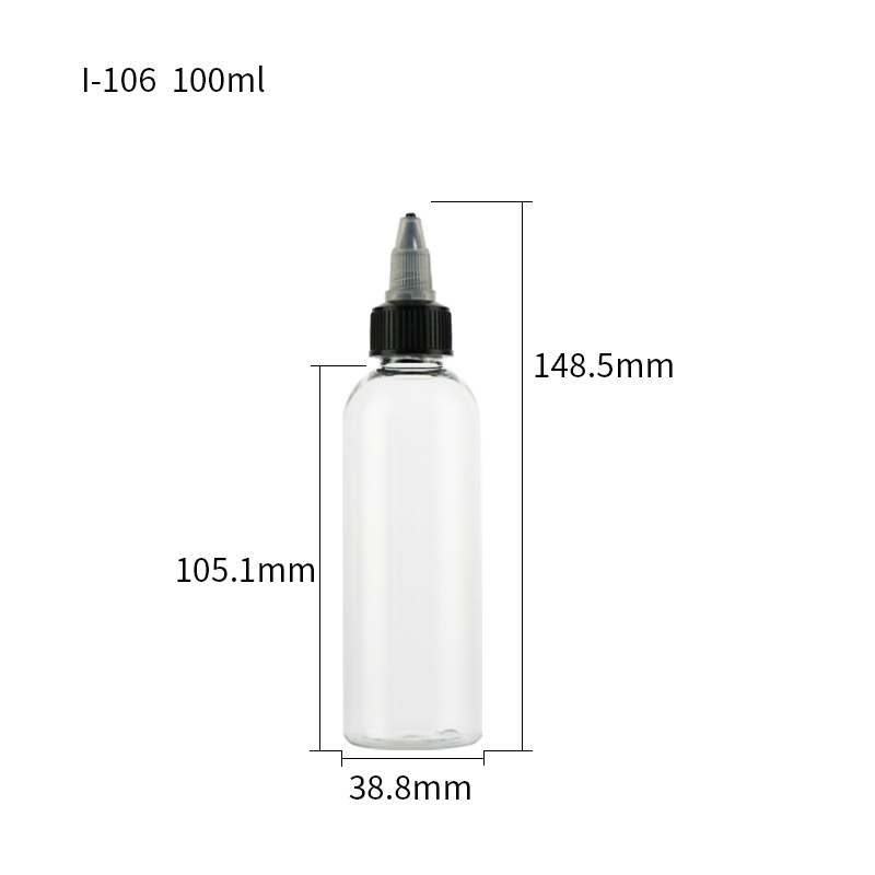 En stock pet50ml botella de plástico transparente 100mL botella de mezcla de color de pigmento 250ml botella de inyección de aceite de dispensación de boca puntiaguda botella de compresión