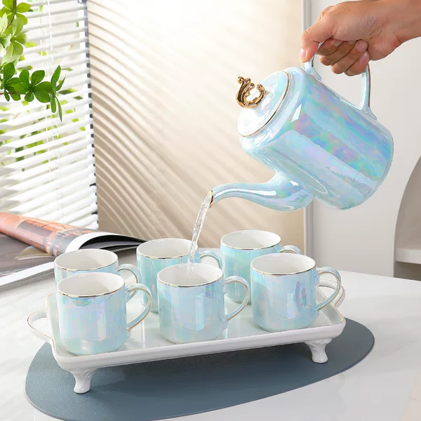 Household Hand-painted Blue Wave Pattern Water Ceramic Colorful Pearlescent Phnom Penh Teapot with Tea Tray Housewarming Gift Giving suit