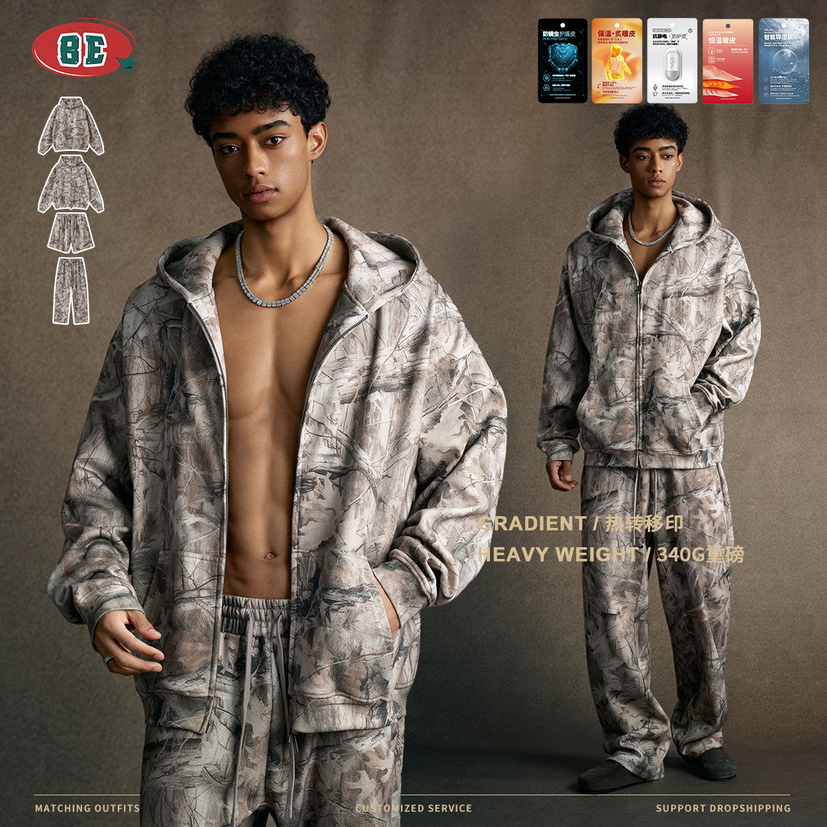 BE男装2025冬季美式潮牌痞帅迷彩加绒连帽卫衣卫裤外套短裤套装男