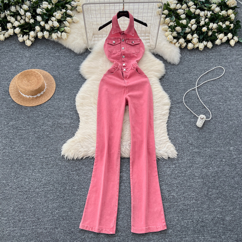Summer New Niche Retro Korean Style Lapel Halterneck Single-Breasted High-Waist Slim Backless Denim Jumpsuit Summer New Niche Retro Korean Style Lapel Halterneck Single-Breasted High-Waist Slim Backless Denim Jumpsuit