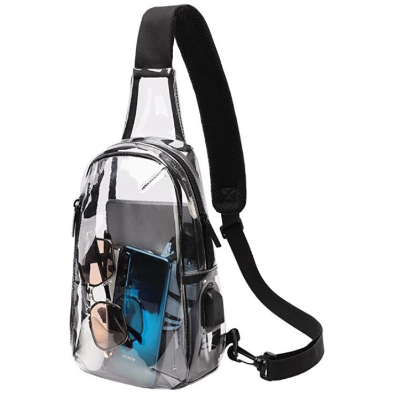 Inventario transfronterizo al por mayor de gran capacidad transparente bolsa de pecho de carga USB transparente para mujeres y hombres bolso de hombro casual