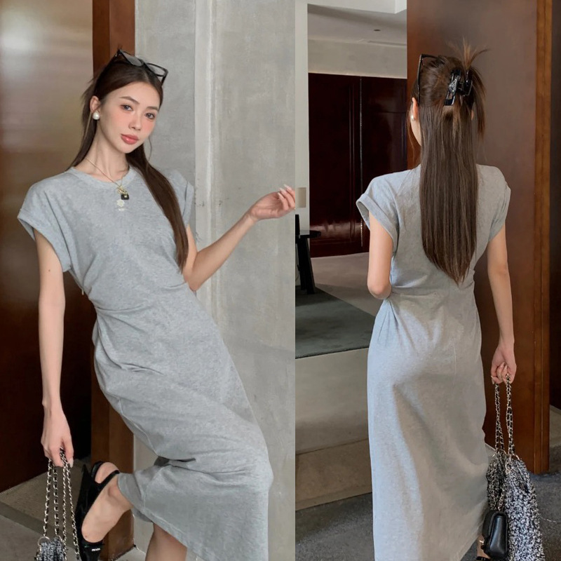 Mc24 Spring and Summer New Rose Print Pleated Waist Side Zipper Dress Elegant Slim Cotton T-Shirt Long Skirt for Women