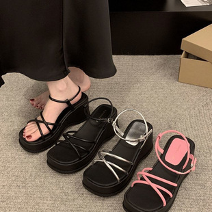 French Silver Slippers for Women's Summer Outer Wear 2025 New Style with Skirt Wedge Heel Thick-Soled Roman Shoes