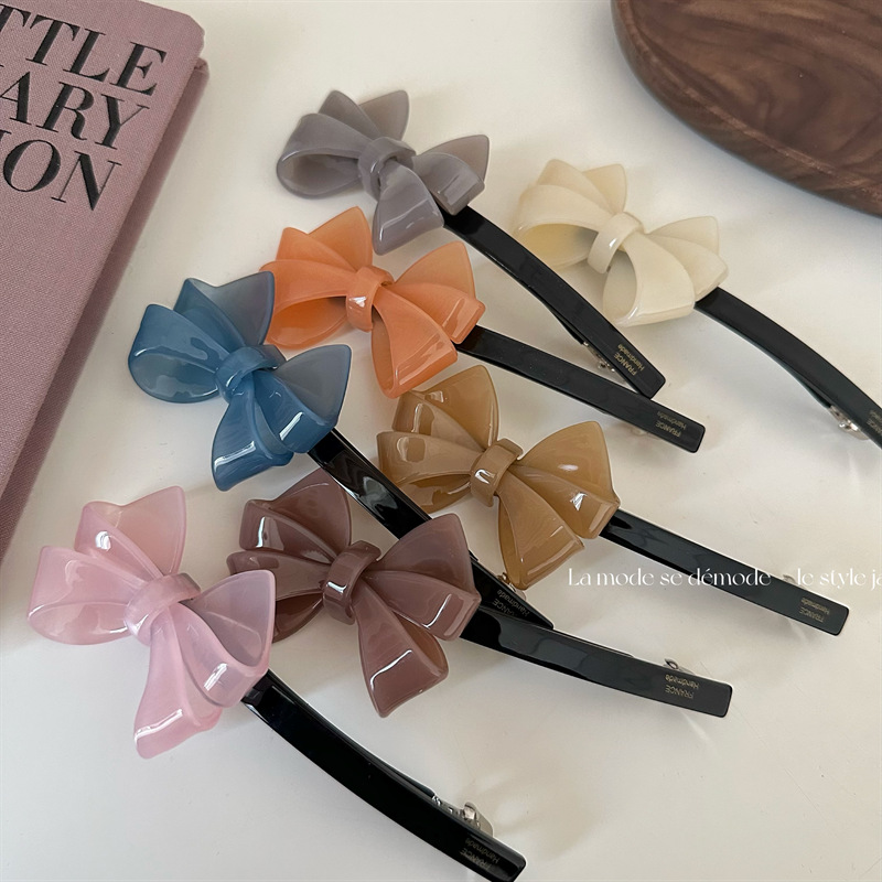 Simple Solid Color Jelly Color Three-Dimensional Bow Acetic Acid Gold Label Hairpin Spring Clip All-Match New Hair Accessories Clip_voghion.com