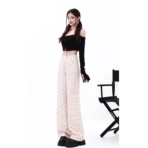 Осенние тонкие кремово-Белые Повседневные брюки с принтом, женские свободные прямые широкие брюки с цветочным принтом, универсальные Висячие брюки