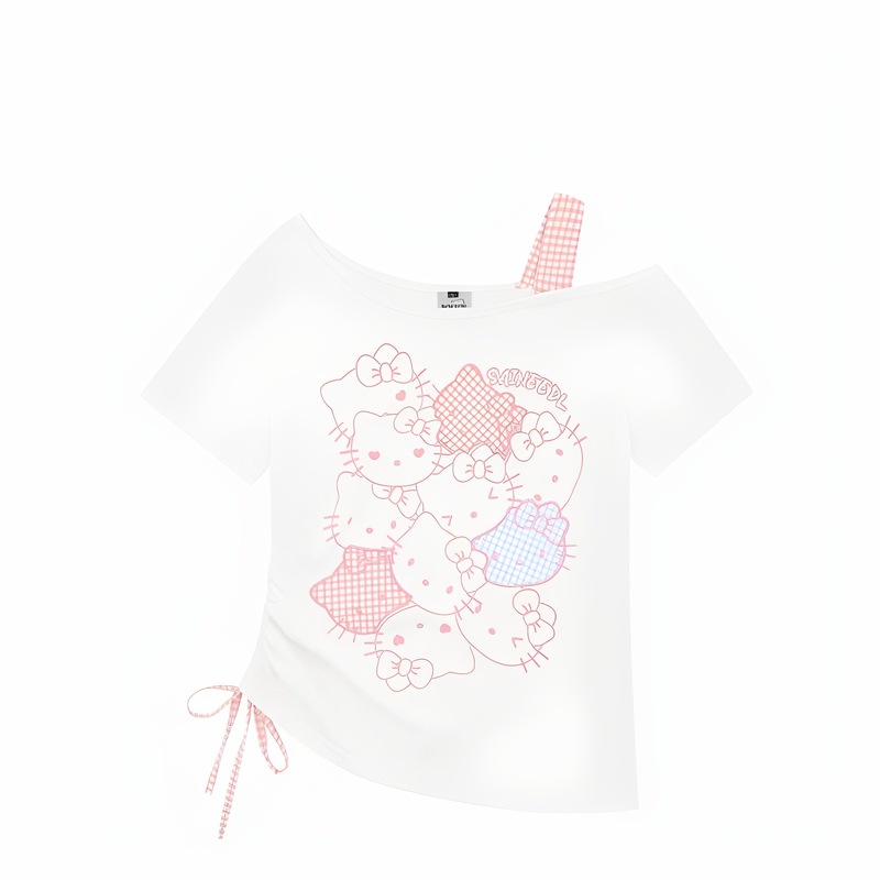 ニッチかわいいキティ猫プリントリボンオフショルダー半袖Tシャツレディーススリムオフショルダー不規則トップ|undefined