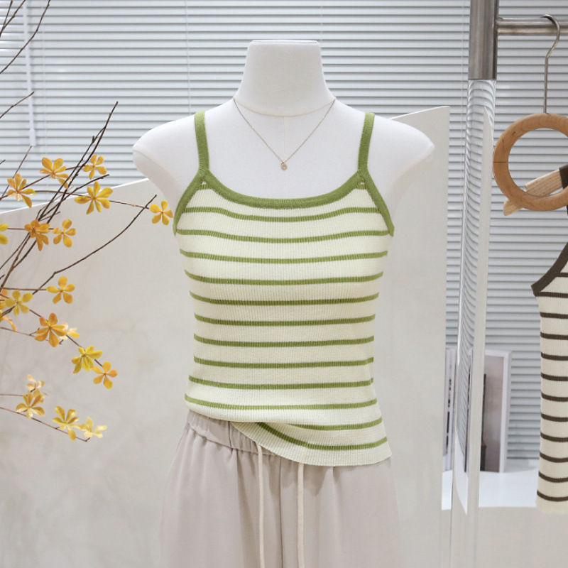 Green Joker Fashion Spring and Summer Striped Ice Silk Outer Wear Knitted Inner Strap Color Matching Base Vest Top
