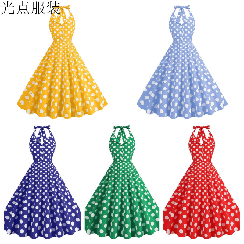 2025 Hepburn Style Lapel Women's Polka Dot Halterneck Backless Mid-Length Cross-Border Large Hem Retro Dress