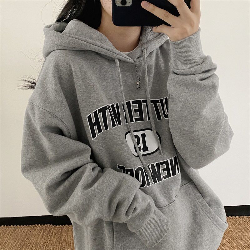 Fleece-Lined Thick Hooded Sweatshirt for Women, Korean Style, Unique Design, Lazy Style, Autumn and Winter Jacket with Hood, Loose Fit
