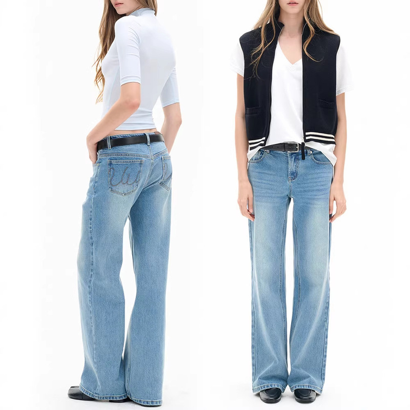 American Retro Casual Straight-Leg Jeans with Tencel Drape, Mid-Low Waist, Loose Fit, Slimming, Washed Light Blue Long Pants for Women