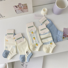 Ladies Socks Boat Socks Spring and Summer New Blue Series Embroidered Animal Women's Short Socks Breathable Korean Style Versatile Cotton Boat Socks