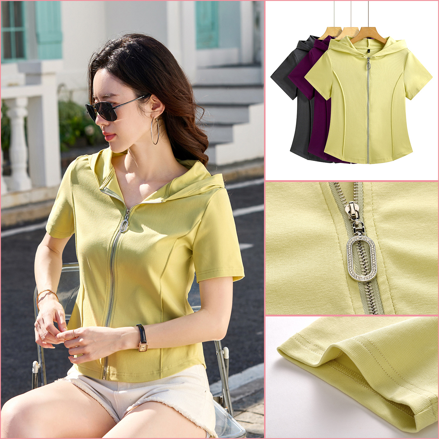 Hooded Zipper Cardigan 2026 Spring and Summer New Style Cotton Women's Top Short-Sleeved T-Shirt Short Top 355