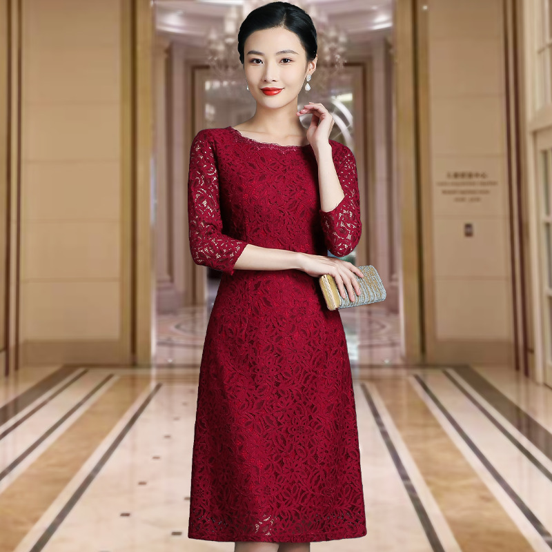 2021 New Autumn Clothing Burgundy Lace Dress Middle-Aged and Elderly Waist Slimming Look Elegant Mother's Clothing Drop Shipping 2021 New Autumn Clothing Burgundy Lace Dress Middle-Aged and Elderly Waist Slimming Look Elegant Mother's Clothing Drop Shipping