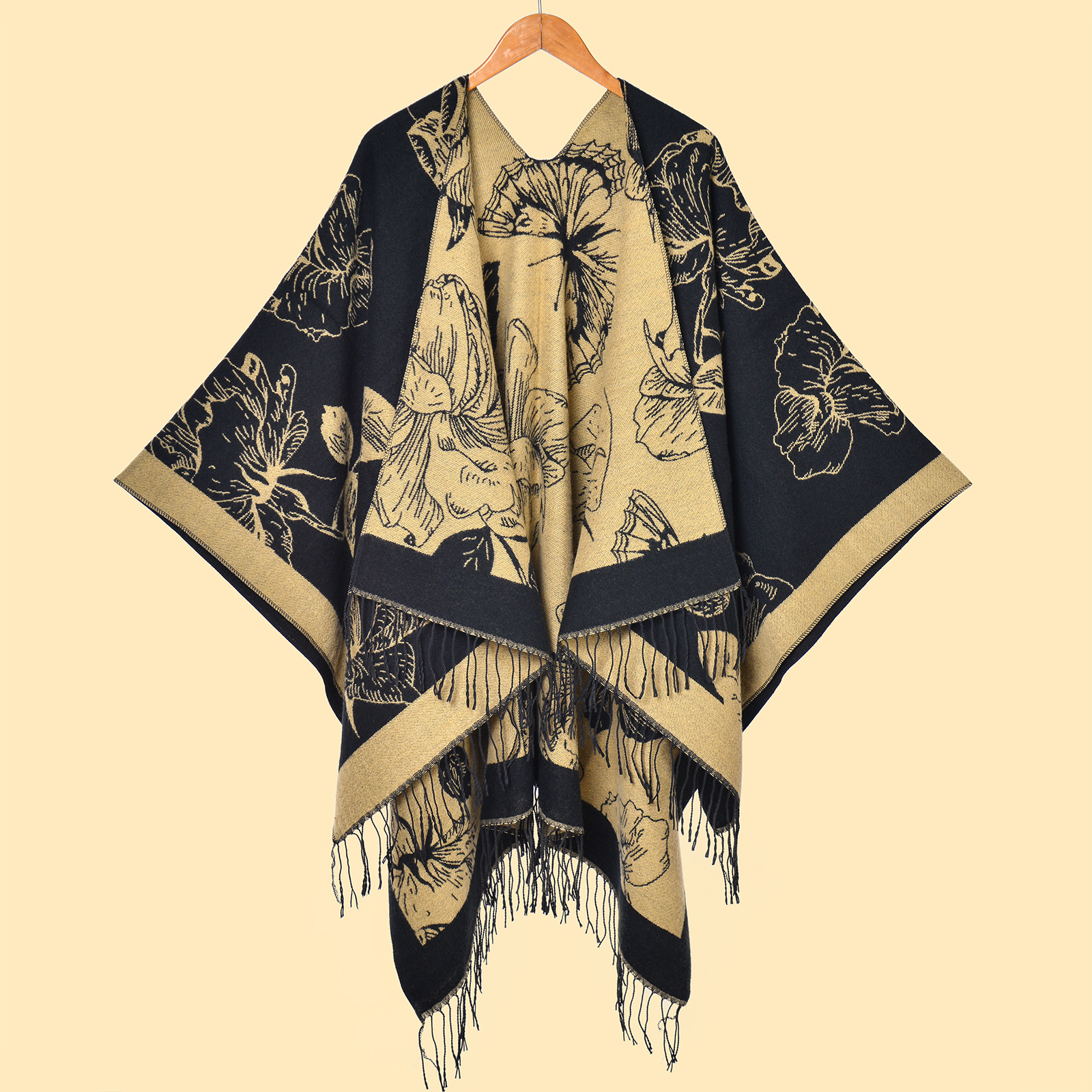 Nueva moda femenina europea y americana, flores grandes, borlas, puntas abiertas, capa de chal cálido de doble cara, venta caliente transfronteriza, capa de cachemira de imitación